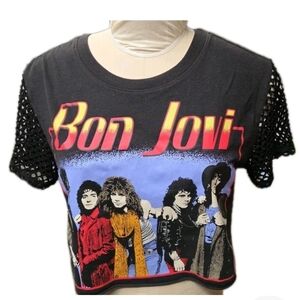 Bon Jovi Women's Large Crop Top Shirt Fishnet Sleeve Rock Band Crew
